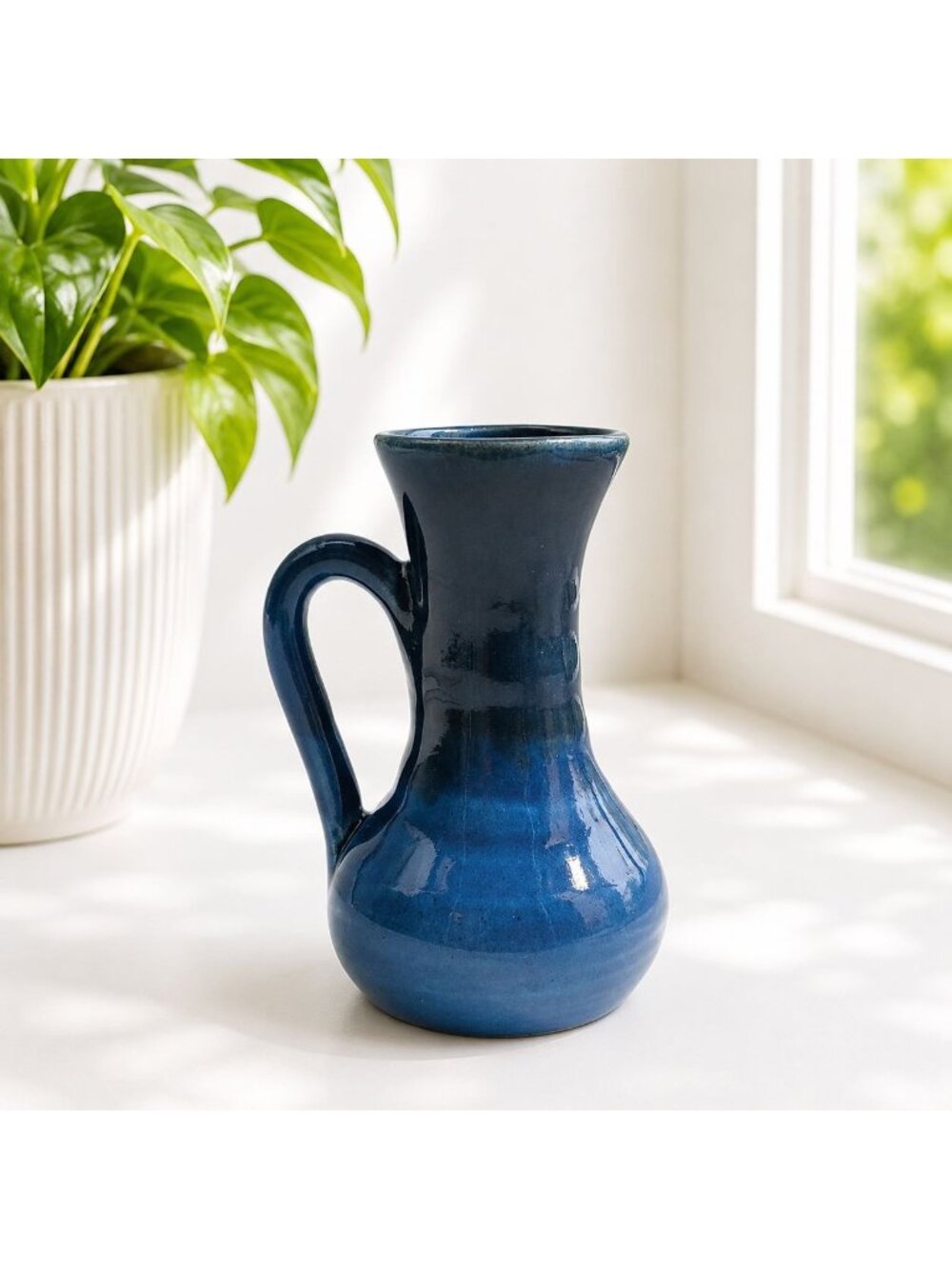 Handcrafted Blue Ceramic Pitcher Signed By Artist - 4.5" Tall - Vintage Pottery